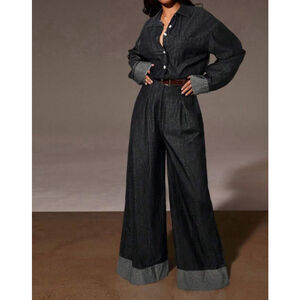 Black Denim Look Jumpsuit Womens M Wide Leg Button Front Long Sleeve